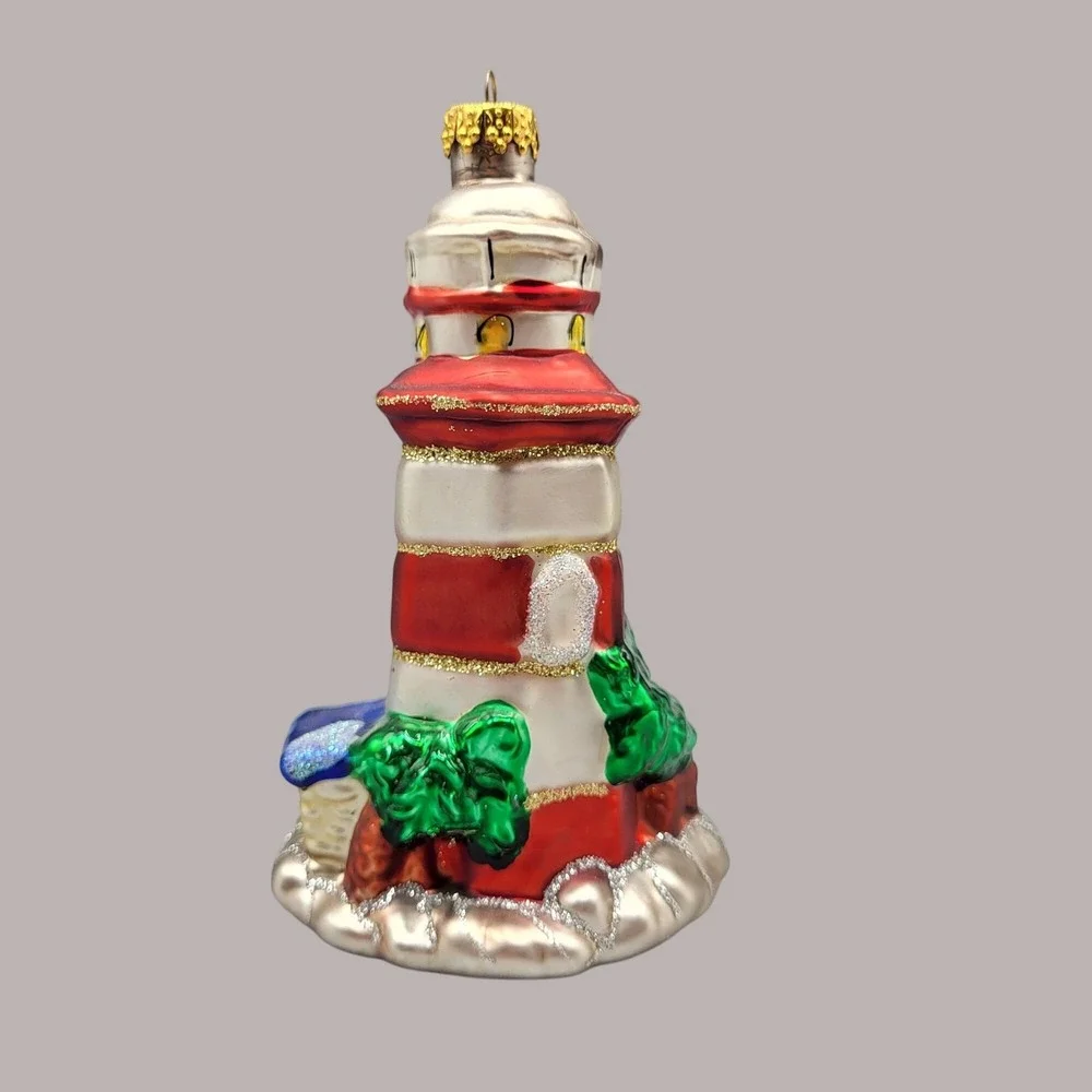 Vintage Handcrafted Lighthouse Glass Christmas Ornament Holiday Tree Decor